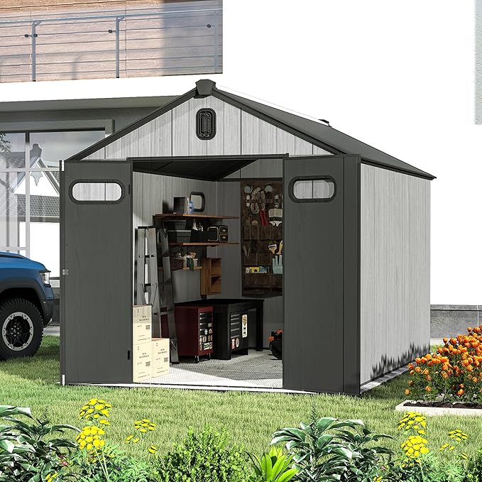 Domi 8x12FT Outdoor Resin Storage Shed with Transparent Windows & Louvered Vents, Plastic Tool Shed with Double Lockable Doors & Gable Roof, Outside Garden Shed for Backyard, Patio, Lawn, Grey-VerdiqueGarden