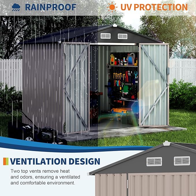 6x8 FT Metal Storage Sheds Outdoor with Floor, Metal Yard Sheds Garden Shed Kit, MetalTool Shed with Lockable Door, Metals UtilitySheds Buildings with Air Vent for Backyard Garden Patio Lawn-VerdiqueGarden