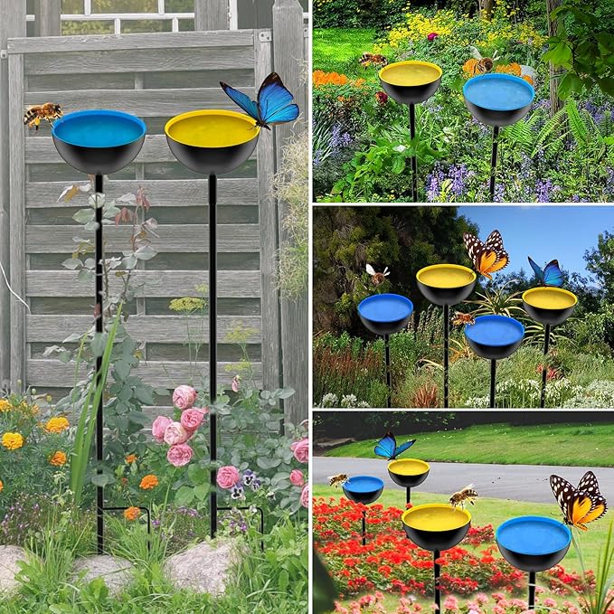 2 Pack Bee Cups For Garden, Bee Waterer And Butterfly Water Stations, Bee Water Catcher Cups For Thirsty Pollinators, Bee Bath, Colorful Metal Garden Sculpture Stakes Decor, Bee Houses For The Garden-VerdiqueGarden