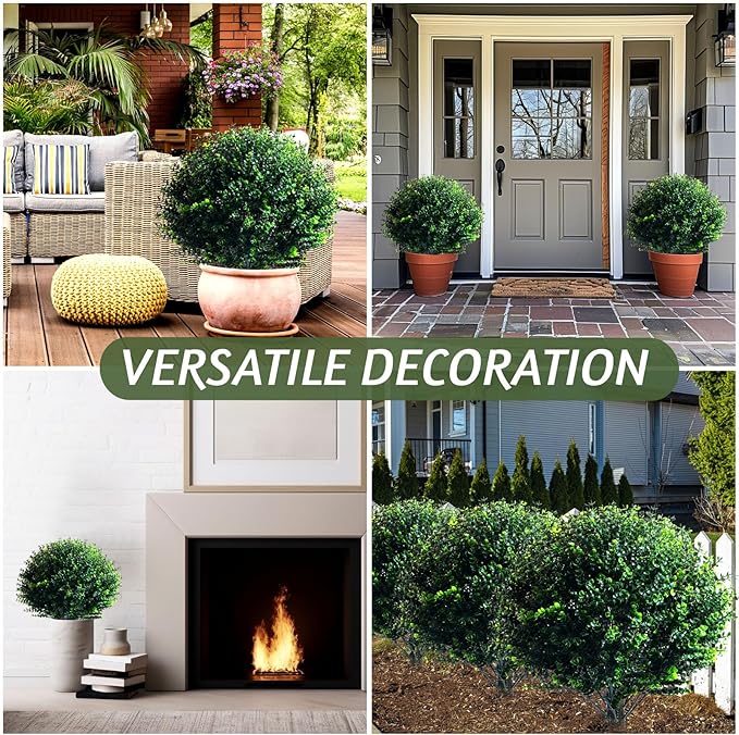 Yunlly 2 Pcs 18 Inch Artificial Boxwood Ball Topiary Tree Fake Outdoor Plants Bush, UV Resistance Faux Shrubs with Spike Realistic Greenery Potted for Indoor Garden Yard Porch Patio Decor (Dark Green)-VerdiqueGarden
