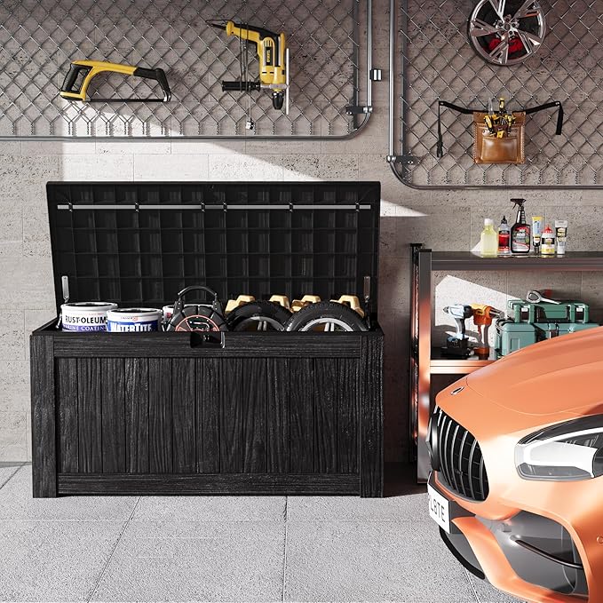 Greesum 120 Gallon Outdoor Storage Box with Lock - Large Resin Deck Box, Reinforced Lid for Garden, Patio, Lawn, Black-VerdiqueGarden