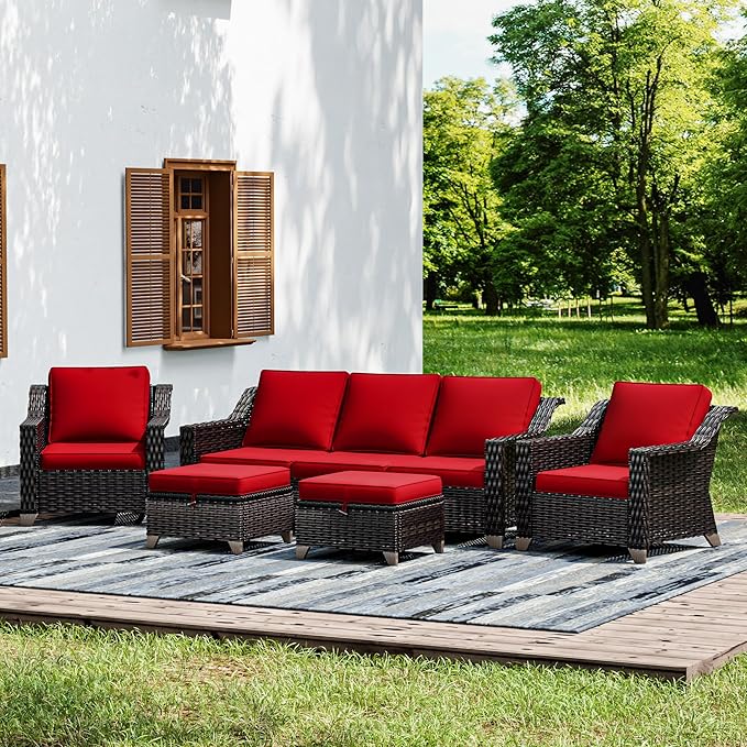 Joyside Wicker Patio Furniture Sets, 5 Pieces Upgraded Large Size Outdoor Furniture with Patio Dining Chairs, 3-Seat Sofa and Outdoor Ottoman, Thick Cushions, Wide Armrest-VerdiqueGarden