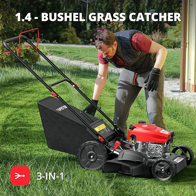 21" Gas Lawn Mower, Self-propelled Lawn Mower 3-in-1, 170cc OHV Engine with Forced Air Cooling, 6 Cutting Heights, 1.4-Bushel Grass Catcher-VerdiqueGarden