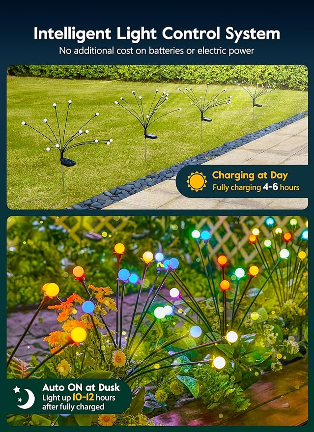 Brightown Solar Garden Lights Outdoor- 4 Pack 48 LED Solar Firefly Lights with 7 Colors Changing, Sway by Wind, Waterproof Solar Outdoor Lights, Solar Lights for Outside Yard Walkway-VerdiqueGarden