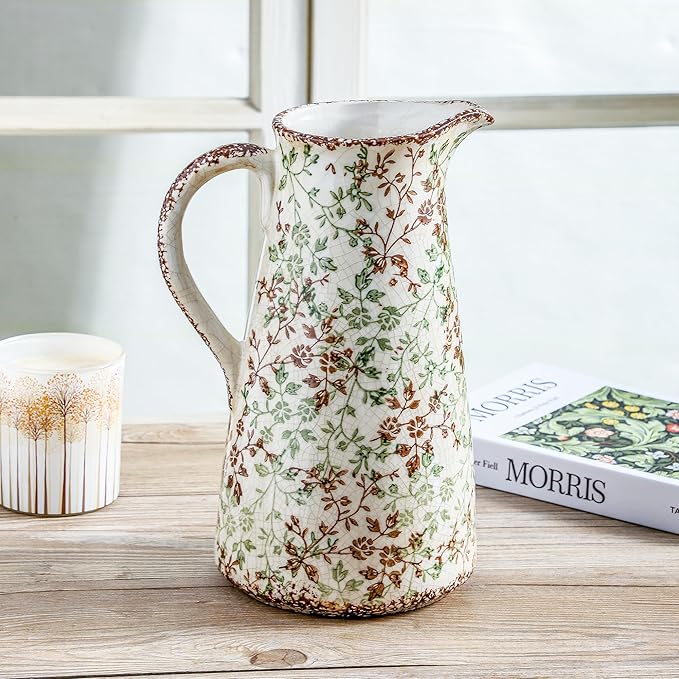Enra Pitcher vase with Handle,12.2 in Ceramic Vintage Chinoiserie Floral Vase,Green and Beige Decorative Flower vase,Large Rustic Vases for Home Decors, Living Room, Bookshelf, Office-VerdiqueGarden