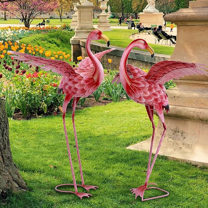 Natelf Pink Flamingo Yard Decorations, Tall Birds Garden Statues and Sculptures, Metal Lawn Art Ornaments for Outdoor Patio Backyard, Set of 2-VerdiqueGarden