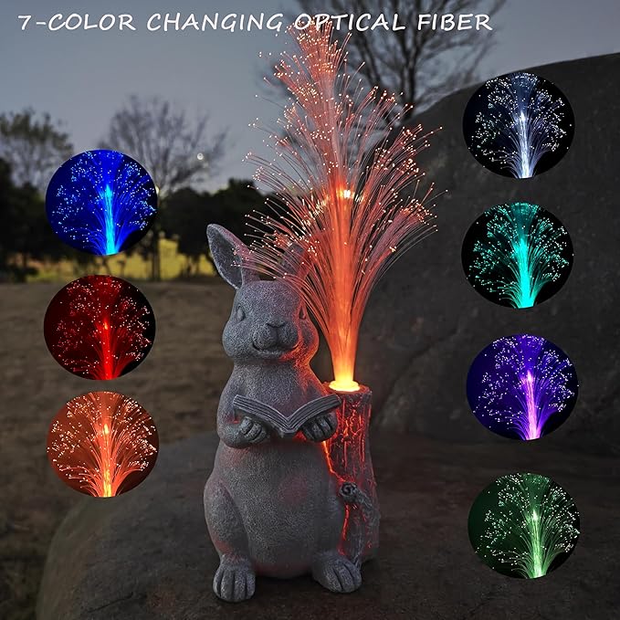 Rabbit Solar Garden Statues,Resin Rabbit Figurine Reading a Book and 7-Color Changing Optical Fiber with Solar Lights, Lawn Decor Outdoor Statue for Patio,Balcony,Yard,Lawn Ornament-VerdiqueGarden