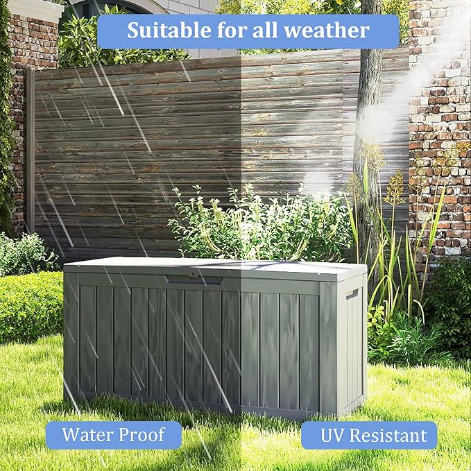 90 Gallon Outdoor Cushion Storage - Waterproof Deck Boxes for Outdoor, Space-Saving Deck Box with Lock for Patio/Pool Accessories, UV-Resistant Resin, Granite Grey-VerdiqueGarden