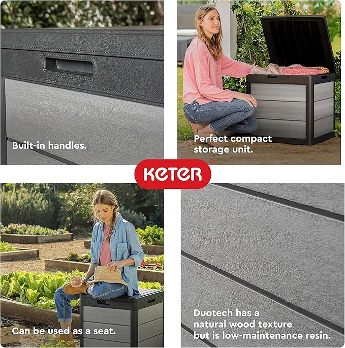 Keter Denali 30 Gallon Resin Outdoor Storage Box and Patio Furniture Side Table for Pool and Garden Accessories, Grey & Black-VerdiqueGarden