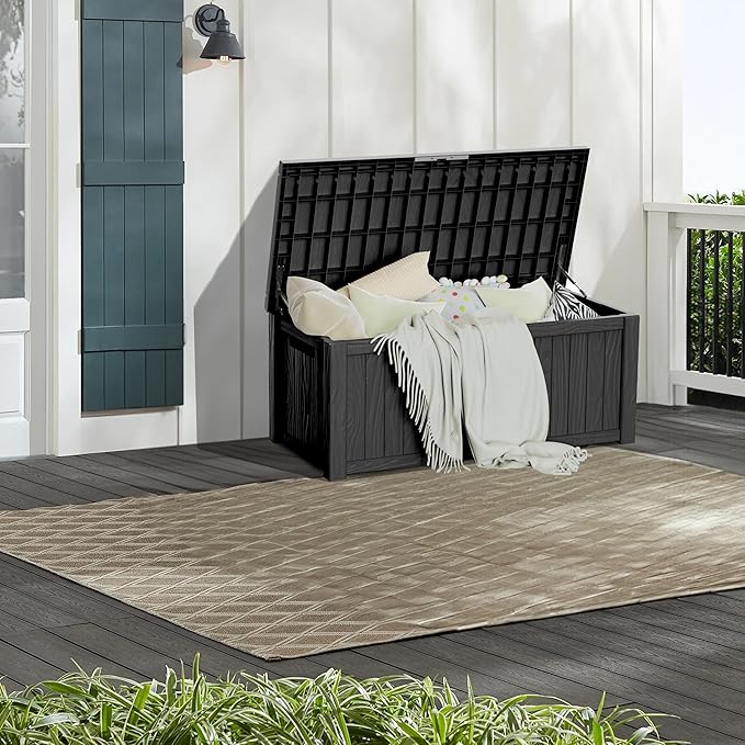 150 Gallon Lockable Resin Deck Box, Waterproof & UV-Resistant Outdoor Storage Box for Outdoor Cushion Storage, Garden Tools & Pool Accessories Storage, Black-VerdiqueGarden