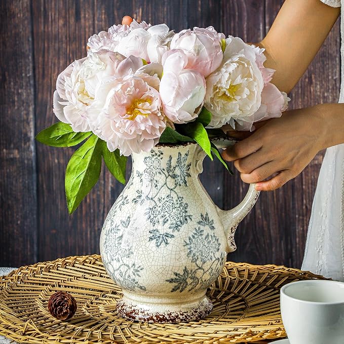 Enra Large Vintage Blue and White and Pitcher for Home Decor, 9.7 Inch Rustic Chinoiserie Decorative Vases, Green and Beige Ceramic Vases for Living Room, Kitchen, Office – Large Vases for Decor-VerdiqueGarden