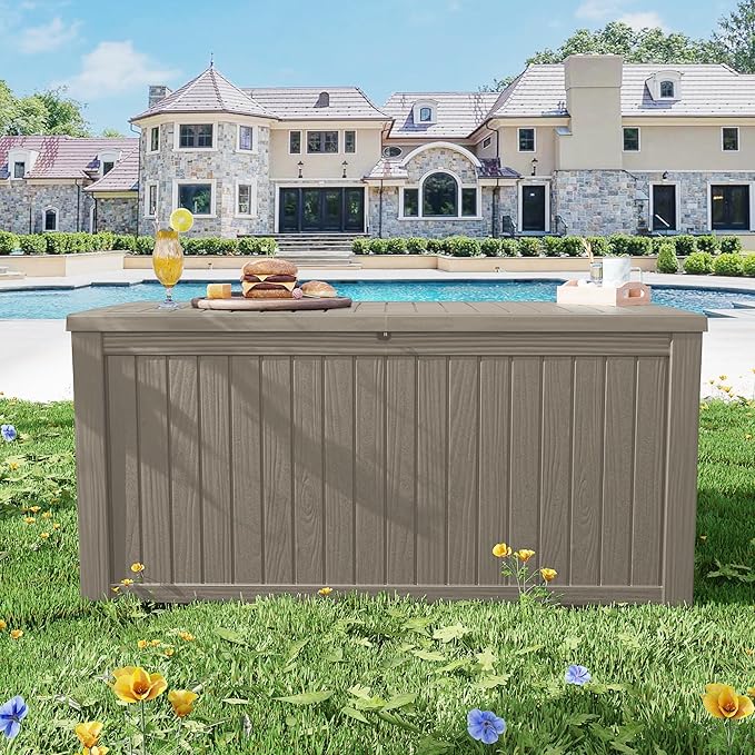 200 Gallon Outdoor Storage Bench Waterproof - Resin Deck Storage Chest for Patio & Pool, Lockable Outdoor Storage Box for Cushions & Tools, UV-Resistant, Granite Grey-VerdiqueGarden