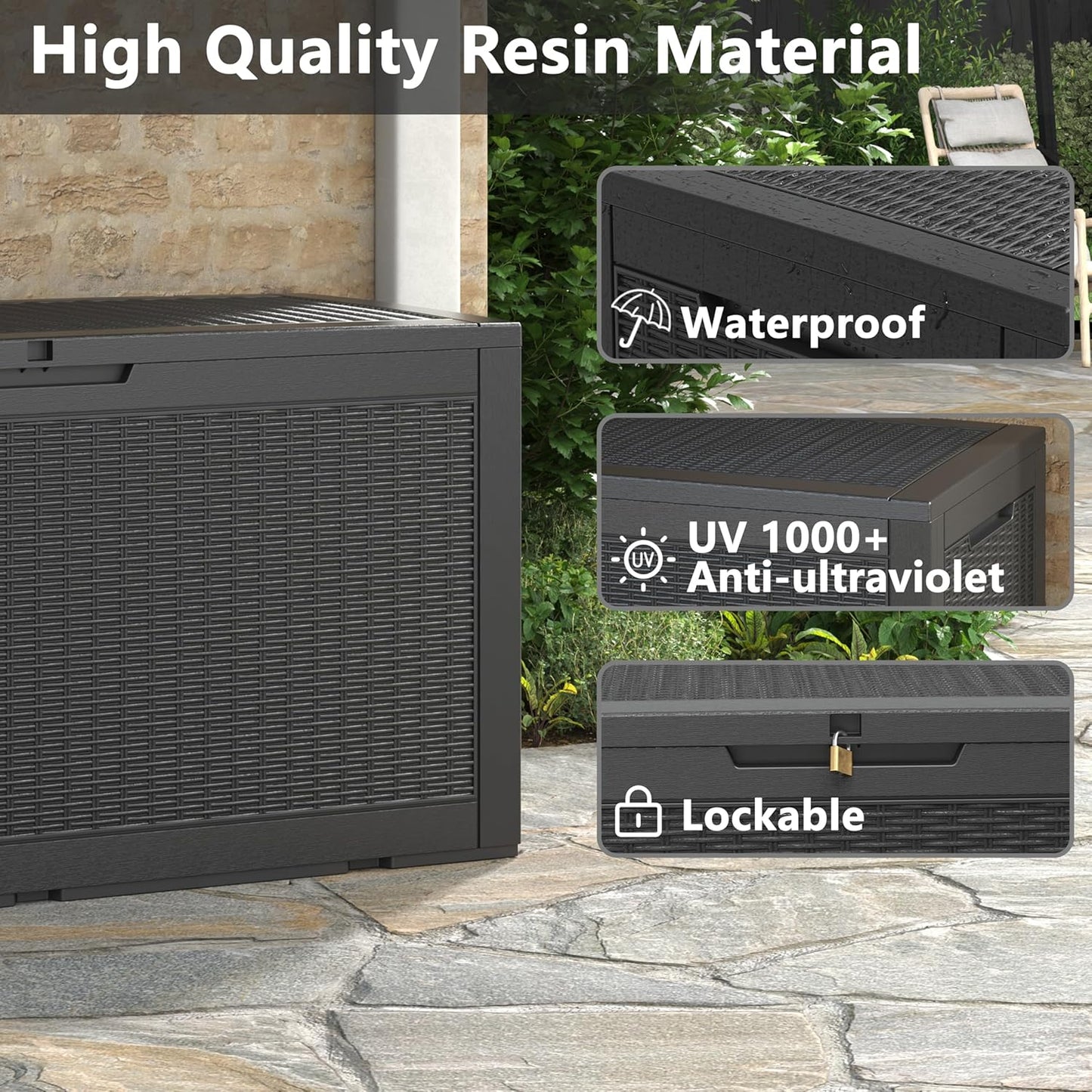 100 Gallon Deck Box Lockable Resin Outdoor Storage Box waterproof Outdoor Container for Patio Furniture Cushions, Pillow-VerdiqueGarden