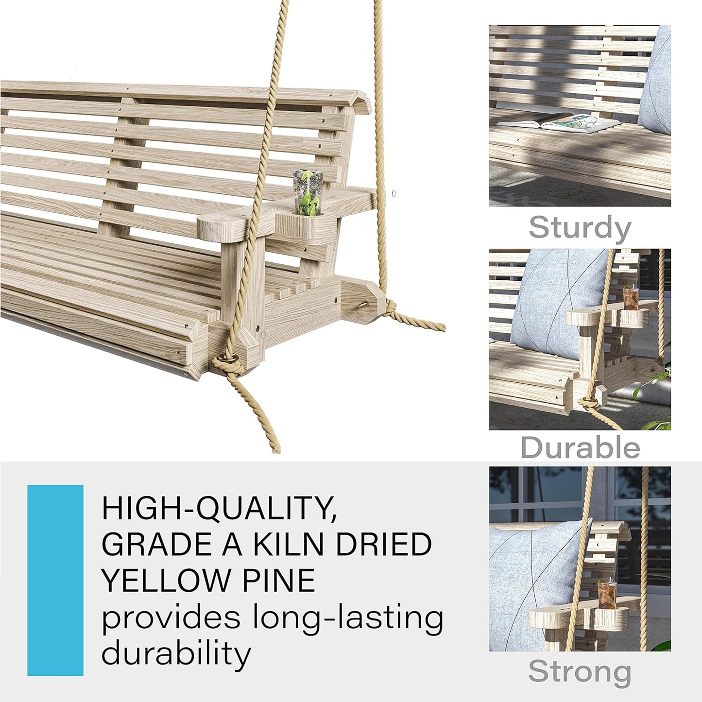 Porchgate Amish Heavy Duty 800 Lb Roll Comfort Treated Porch Swing W/Ropes (5 Foot, Unfinished)-VerdiqueGarden