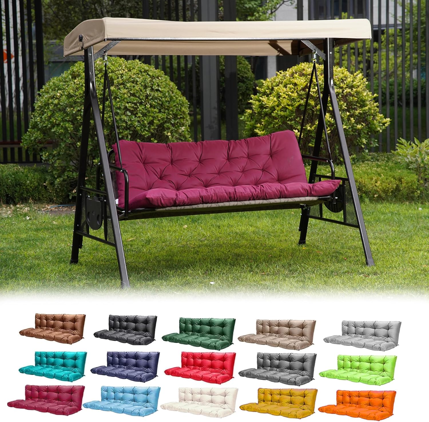 Porch Swing Cushions,Outdoor Cushions 3 Seater Replacement with Backrest, Waterproof Thickened Bench Cushion with Ties for Porch, Patio,Outdoor, Backyard and Garden (Wine Red 60 * 40 in)-VerdiqueGarden