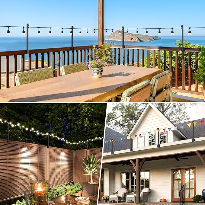 Suchtale 4 Pack 1.3 FT String Light Poles, Suspension Outdoor Fence Post Lights with Clip and Bracket, Outside String Lights Hanging, Wall Mounting Stand for Patio Garden Backyard Wedding Party, Black-VerdiqueGarden