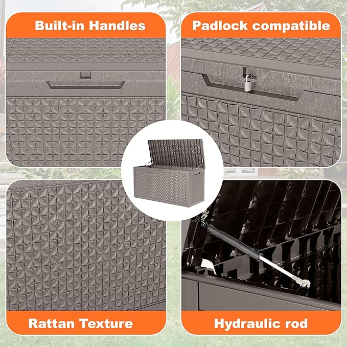 100 Gallon Resin Deck Box, Lockable Outdoor Storage Box for Patio Cushions Storage Furniture,Garden Tools, Pool Supplies, Weatherproof and UV Resistant (Grey L)-VerdiqueGarden