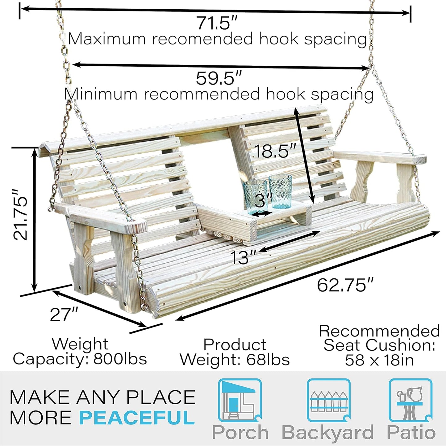 Porchgate Amish Heavy Duty Console Porch Swing with Fold Down Cup Holders in Unfinished - Amish Made in The USA from Treated Pine, Hanging Chains Included-VerdiqueGarden