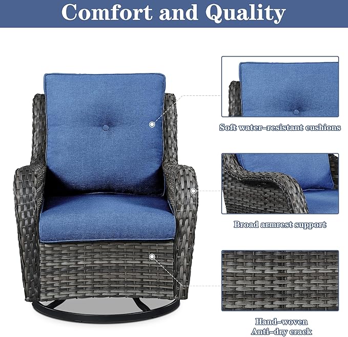 4 Pieces Patio Furniture Sets, Wicker Patio Swivel Glider Chair with Ottomans, Outdoor Furniture Set for Outside Porch, Deck, Balcony, Garden-VerdiqueGarden