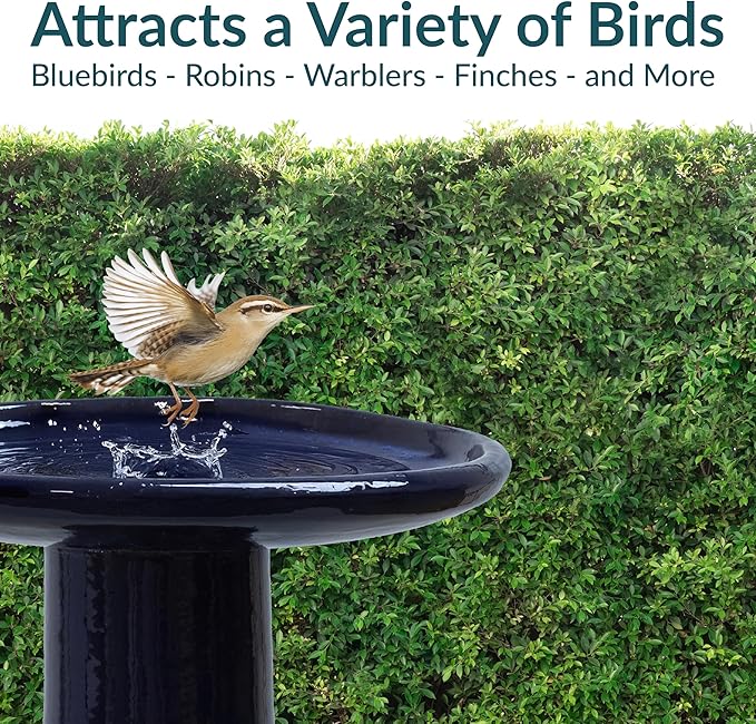 Sunnydaze 21" H Ceramic Bird Bath for Outside - Hand-Painted Outdoor Bird Bath Bowl, UV/Frost-Resistant Finish - Dark Blue - Cut Out Pedestal-VerdiqueGarden