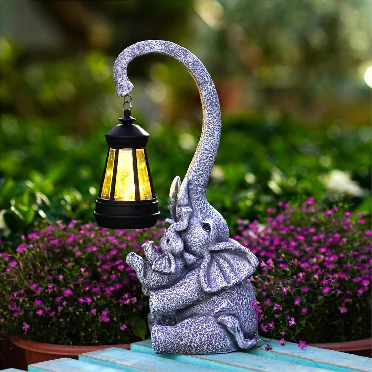 Elephant Outdoor Statues with Cute Baby Garden Decor, Resin Elephant Figurines with Solar Lantern Outdoor Decoration Gifts for Mothers Day, Birthday Day-VerdiqueGarden