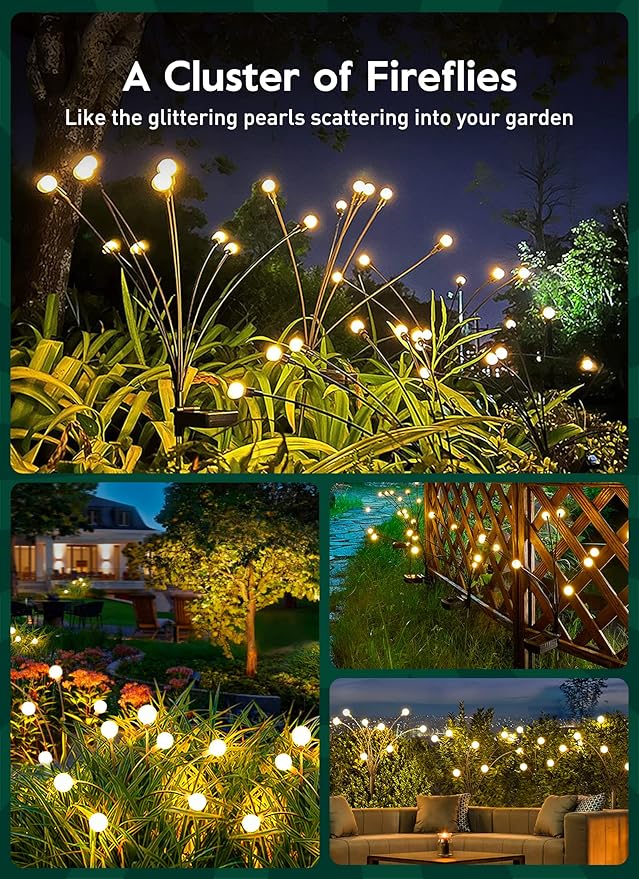 Solar Garden Lights - 4 Pack 48 LED Firefly Lights with 2 Lighting Modes, Sway by Wind, Waterproof Outdoor Decoration, Warm White-VerdiqueGarden