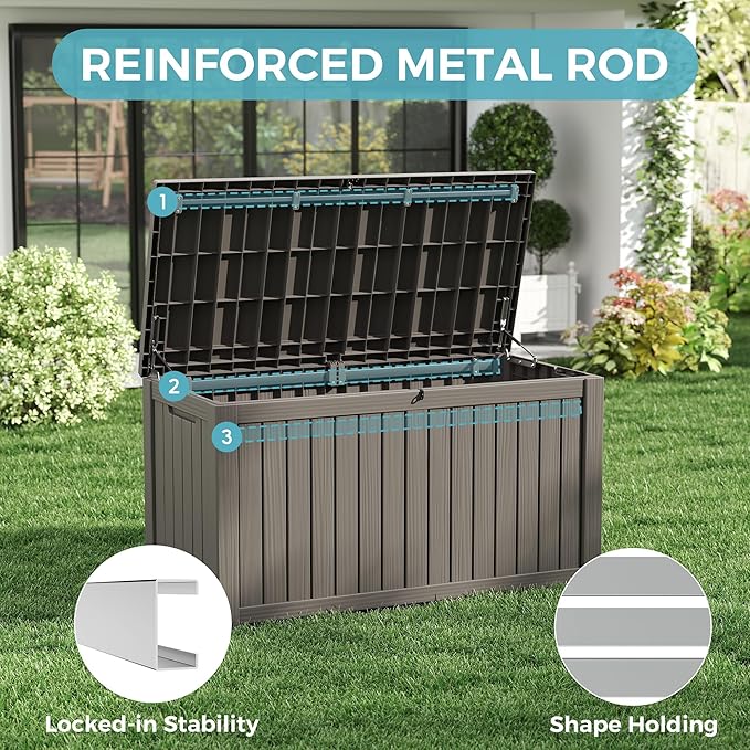 KAMABOKO Outdoor Storage Box, 150 Gallon Large Outdoor Resin Deck Box, Storage Waterproof Boxes Lockable Lid for Garden Tools, Pool Supplies, Patio Furniture and Cushions, Grey-VerdiqueGarden