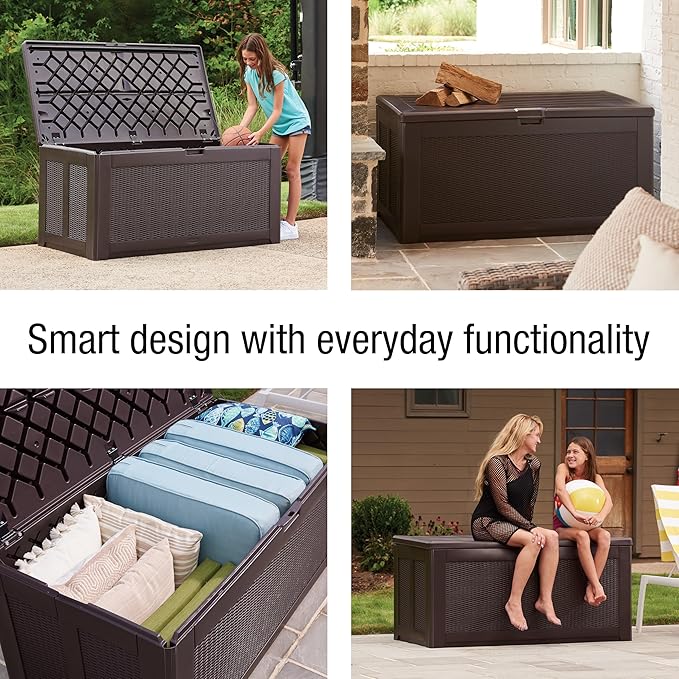 Rubbermaid Extra Large Resin Outdoor Storage Deck Box (134 Gal), Weather Resistant, Brown, Deck Organization for Home/Backyard/Pool Chemicals/Toys/Garden Tools/Porch/Patio Cushions-VerdiqueGarden