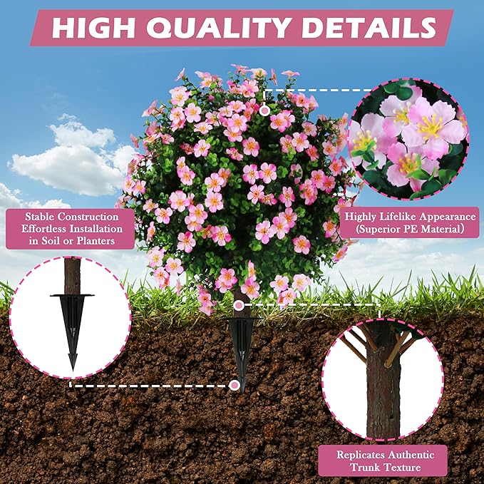 Sunnyglade Set of 2 Artificial Boxwood Topiary Ball Trees with Pink Flower, Faux Shrub Bushes with Ground Spike 25.5", UV Resistant Fake Boxwood Plants for Indoor, Garden, Porch, Patio Decor (Pink)-VerdiqueGarden