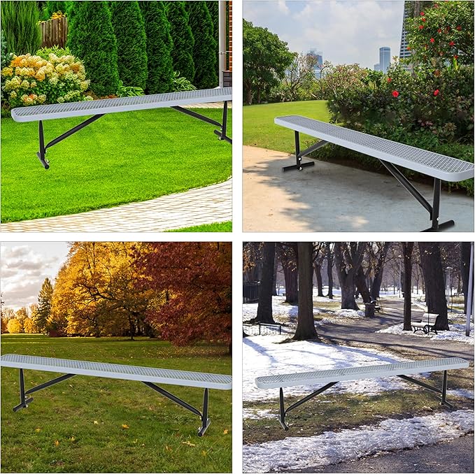 48" L Outdoor Steel Flat Bench, Heavy Duty Metal Park Bench for Outside, Expanded Metal, Commercial Benches Mesh Bench for Shopping Mall, Store, Lawn, Park, Patio, Deck, Garden (Grey, 8FT)-VerdiqueGarden