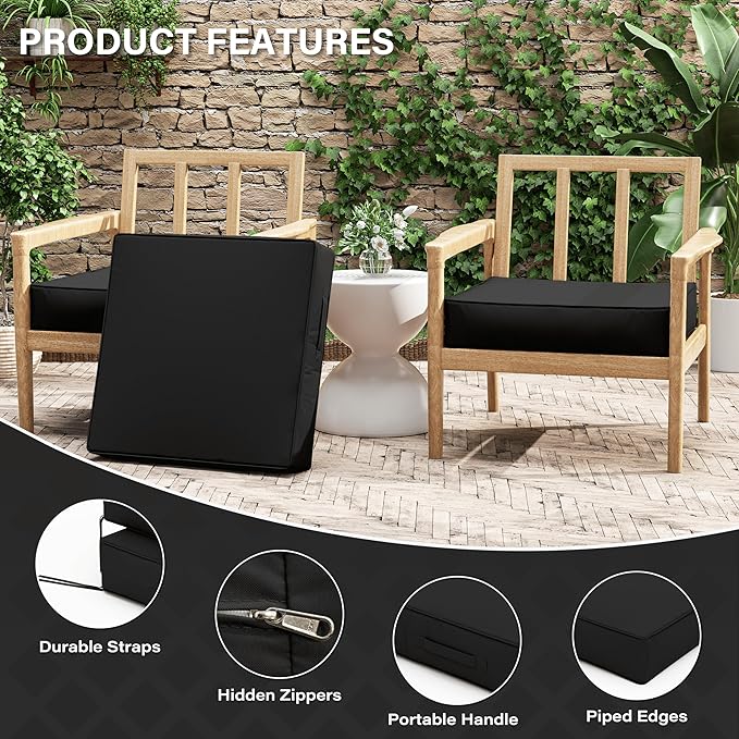 Patio Chair Cushions 24 X 24 X 5 Inch Waterproof Outdoor Seat Cushions for Patio Furniture, Outdoor Sofa Couch Pads with Ties & Handle, Set of 2, Black-VerdiqueGarden