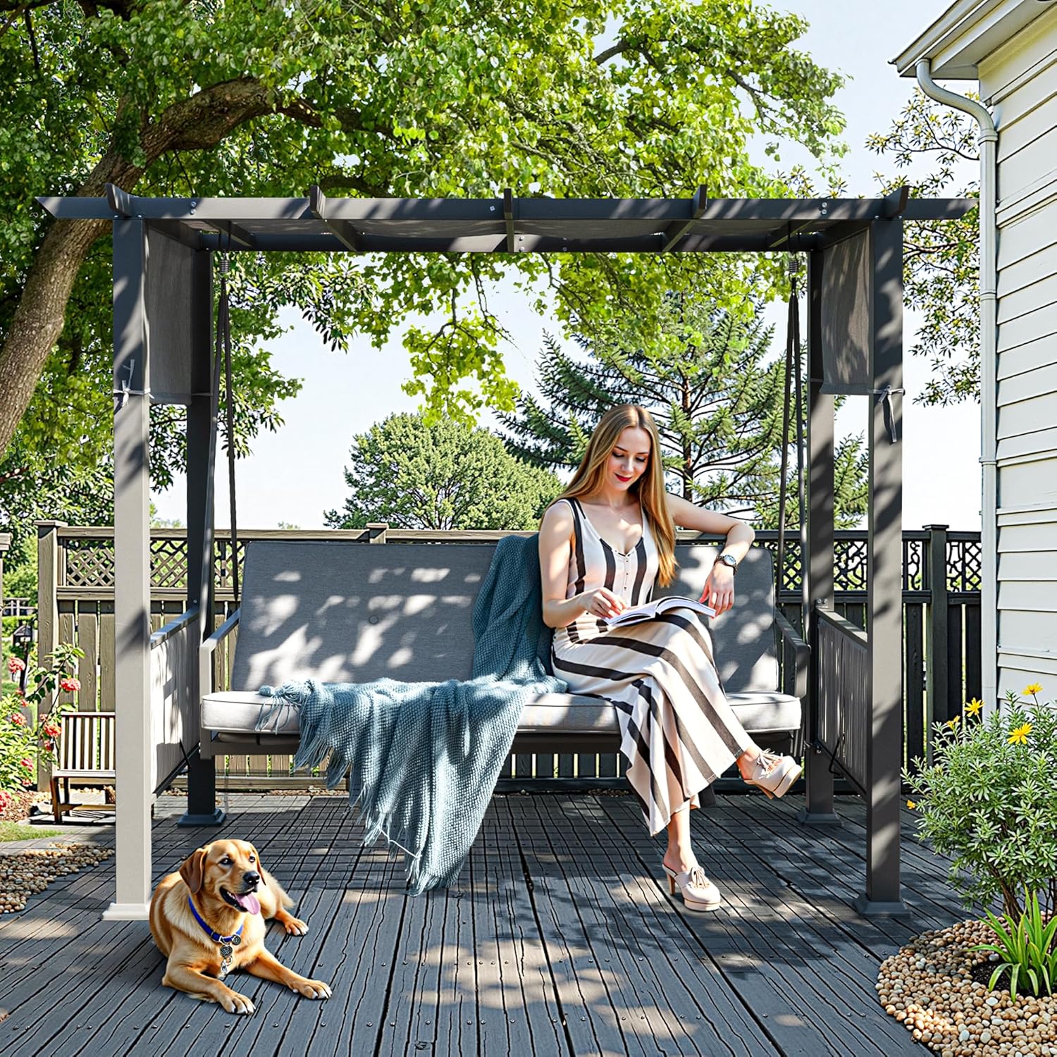 Pamapic 3-Seat Porch Swing Bed with Adjustable Canopy, Outdoor Hanging Swing Chair with Stand, Wicker Armrests, Patio Hammock Swinging for Porch, Backyard, or Garden, Comfortable Cushion, Gray-VerdiqueGarden