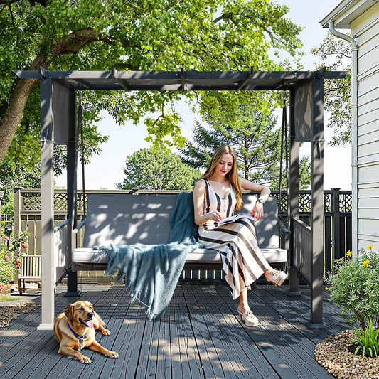 Pamapic 3-Seat Porch Swing Bed with Adjustable Canopy, Outdoor Hanging Swing Chair with Stand, Wicker Armrests, Patio Hammock Swinging for Porch, Backyard, or Garden, Comfortable Cushion, Gray-VerdiqueGarden