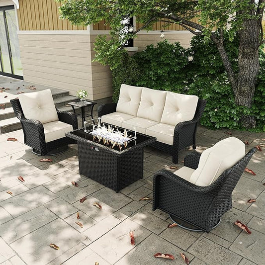 5 Pieces Outdoor Patio Furniture Sets with Rocking Swivel Chairs with 6-inch Thick Cushion and Fire Pit Table for Deck Lawn-VerdiqueGarden