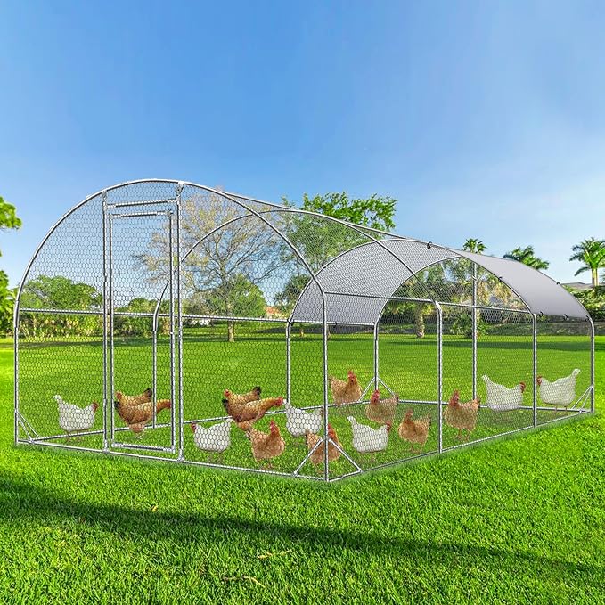 4ever2buy Large Metal Chicken Coop with Run Walk-in Poultry Cage Chicken Runs House Pen Cage Dome Roofed Chicken Coops with Anti-Ultraviolet Cover for Outdoor Backyard Farm Use 9.5'W x 19.3'L x 6.3'H-VerdiqueGarden