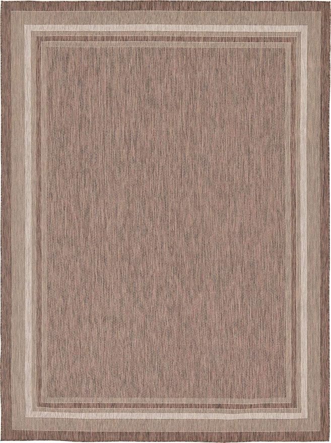 Unique Loom Outdoor Border Collection Area Rug - Soft Border (9' x 12' Rectangle, Brown/ Ivory)-VerdiqueGarden