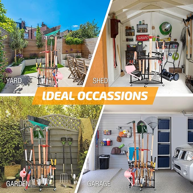 PLKOW Garden Tool Organizer with Wheels and Storage Hooks, Rolling Corner Tool Storage Rack for Garden, Shed, Garage, Powder Coated Steel, Black-VerdiqueGarden