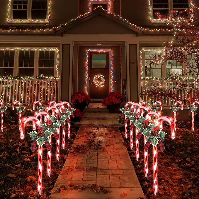 Hiboom Christmas Candy Cane Lights, 10 Pcs 21 Inch Pathway Markers Lights with Stakes, Christmas Driveway Lights End to End Connected for Xmas Holiday Party Walkway Patio Garden Decor (Red and White)-VerdiqueGarden