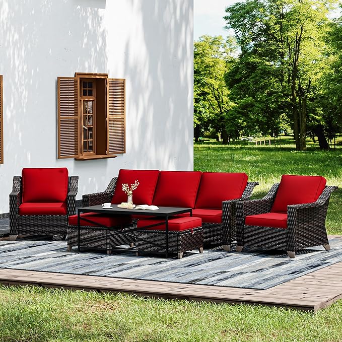 Joyside Wicker Patio Furniture Sets, 6 Pieces Upgraded Large Size Outdoor Furniture with Patio Dining Chairs, 3-Seat Sofa and Outdoor Ottoman, Thick Cushions, Wide Armrest-VerdiqueGarden