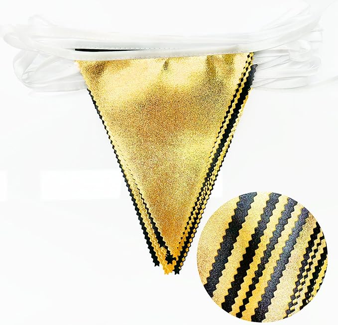 Black and Gold Party Decorations Triangle Pennant Banner Flag Metallic Fabric Bunting Garland for Birthday Graduation Anniversary Wedding Bachelorette Bridal Shower Engagement Hen Party Supplies-VerdiqueGarden