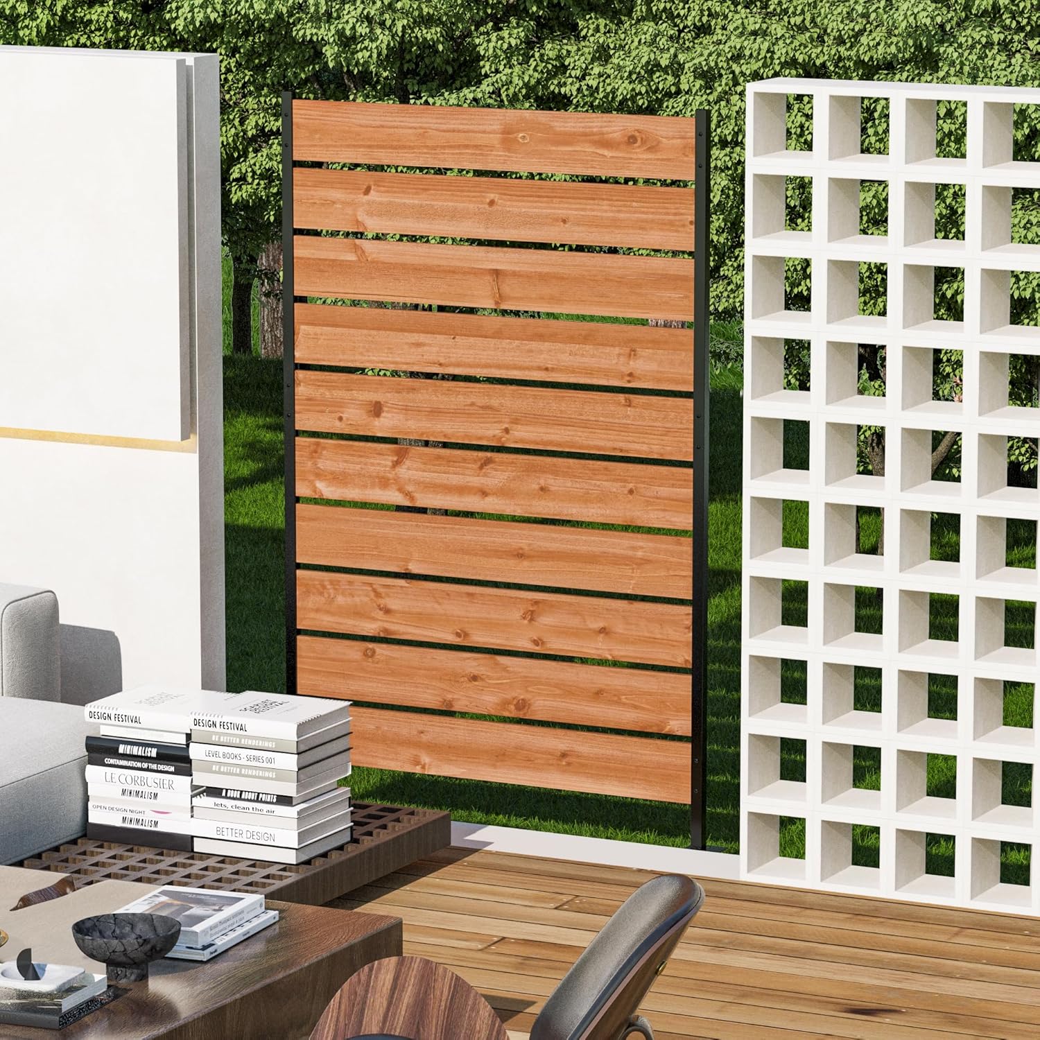 Modern Shade 5' x 3' Wood Privacy Fence Screen (1 Panel) Natural Wood, Outdoor Privacy Fence Panel for Deck Balcony, Conceals Trash Cans Air Conditioner, Ultimate Fence Privacy Screen-VerdiqueGarden