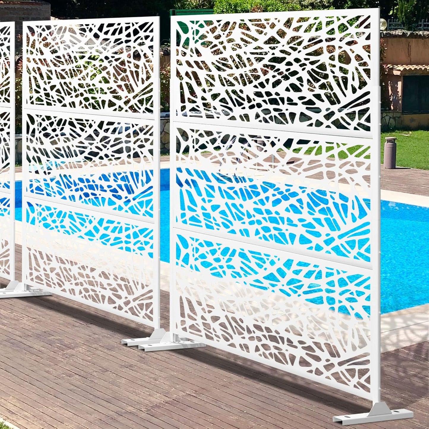 Metal Privacy Screen Outdoor 72" H×47" W,Freestanding Decorative Privacy Screen for Balcony Yard&Garden,Privacy Fence-White&Net-VerdiqueGarden
