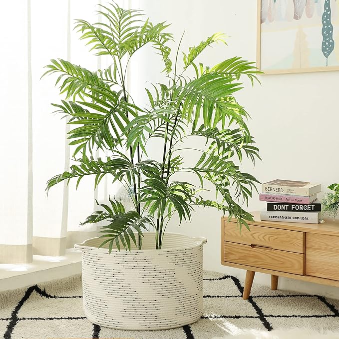 KAKAMAY Large Blanket Basket (20"x13"),Woven Baskets for storage Baby Laundry Hamper，Cotton Rope Blanket Basket for Living Room, Laundry, Nursery, Pillows, Off White with Blue & Brown Dotted Pattern-VerdiqueGarden