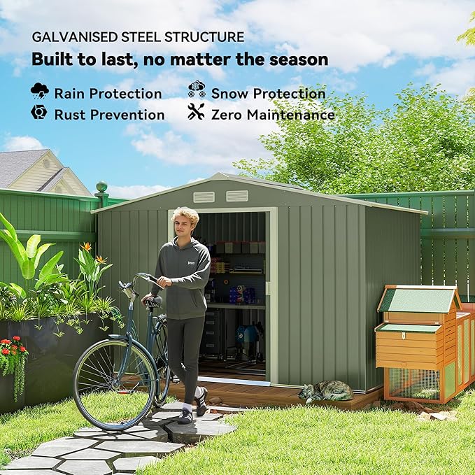 Outsunny 9' x 6' Outdoor Storage Shed, Garden Tool Metal Shed with Foundation Kit, Double Lockable Door, Air Vents and Sloping Roof, for Backyard, Patio, Lawn, Green-VerdiqueGarden