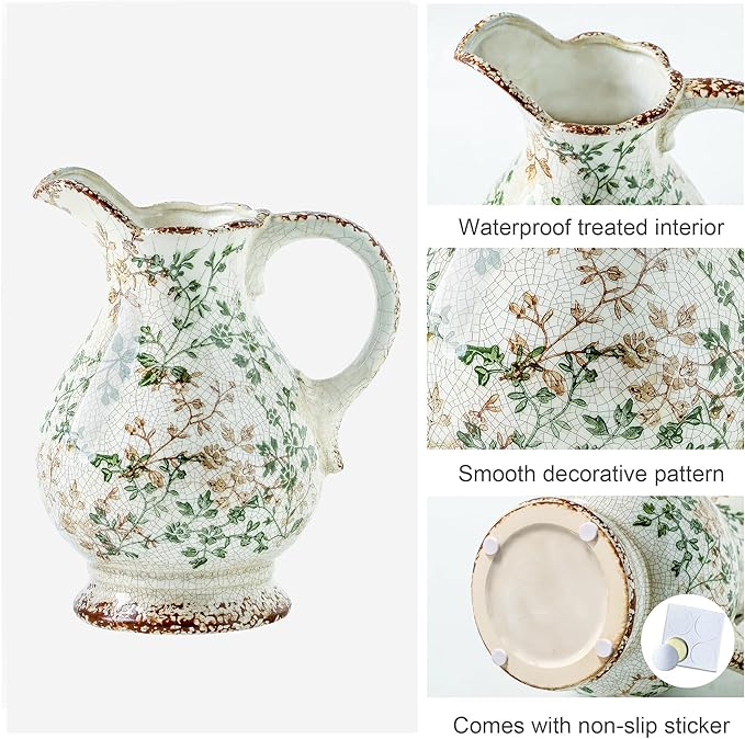 Enra Large Vintage Green Ceramic Vase and Pitcher for Home Decor, 9.7 Inch Rustic Chinoiserie Decorative Vases, Green and Beige Ceramic Vases for Living Room, Kitchen, Office – Large Vases for Decor-VerdiqueGarden