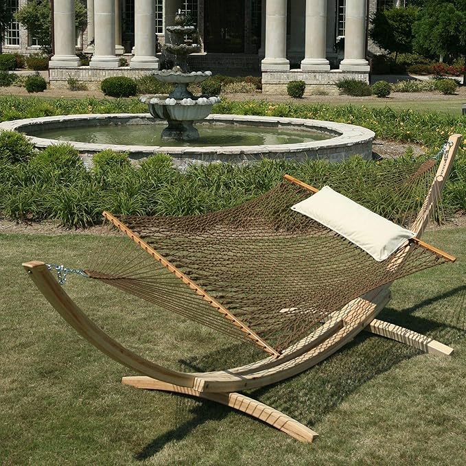 Hatteras Hammocks Deluxe Antique Brown DuraCord Rope Hammock – 13 ft. x 60 in., 2-Person, 450 lb Capacity, Cumaru Spreader Bar, Zinc-Plated Hardware – Handcrafted in The USA-VerdiqueGarden