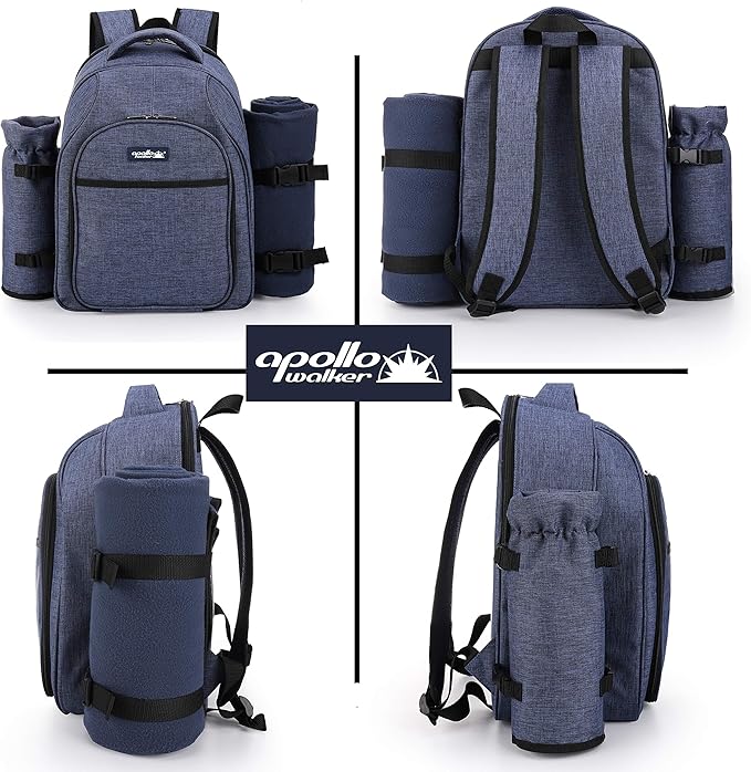 Apollo Walker Picnic Backpack Bag for 2 Person with Cooler Compartment, Detachable Bottle/Wine Holder, Fleece Blanket, Plates and Cutlery Set (2 Person, Navy)-VerdiqueGarden