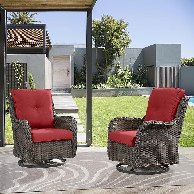 Outdoor Swivel Rocker Patio Chairs - 360 Degree Swivel Glider Seating Wicker Rocking Chairs Set of 2 with High Back Deep Seat for Porch Balcony Deck, Brown/Red-VerdiqueGarden