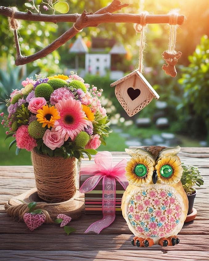 Hand-Painted Resin Owl Figurine with Glow-in-The-Dark Eyes, Solar-Powered Garden Decor 5.5'' Lawn Ornaments Statue Gardening Gifts for Outside Yard Art Patio (Owl)-VerdiqueGarden
