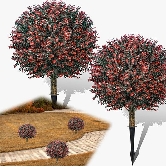 Fall Artificial Boxwood Topiary Ball Tree Bushes with Ground Spike, Set of 2 Outdoor Faux Shrub Topiary Ball, 24" UV Resistant Fake Boxwood Plants for Potted Planter,Indoor,Autumn-VerdiqueGarden